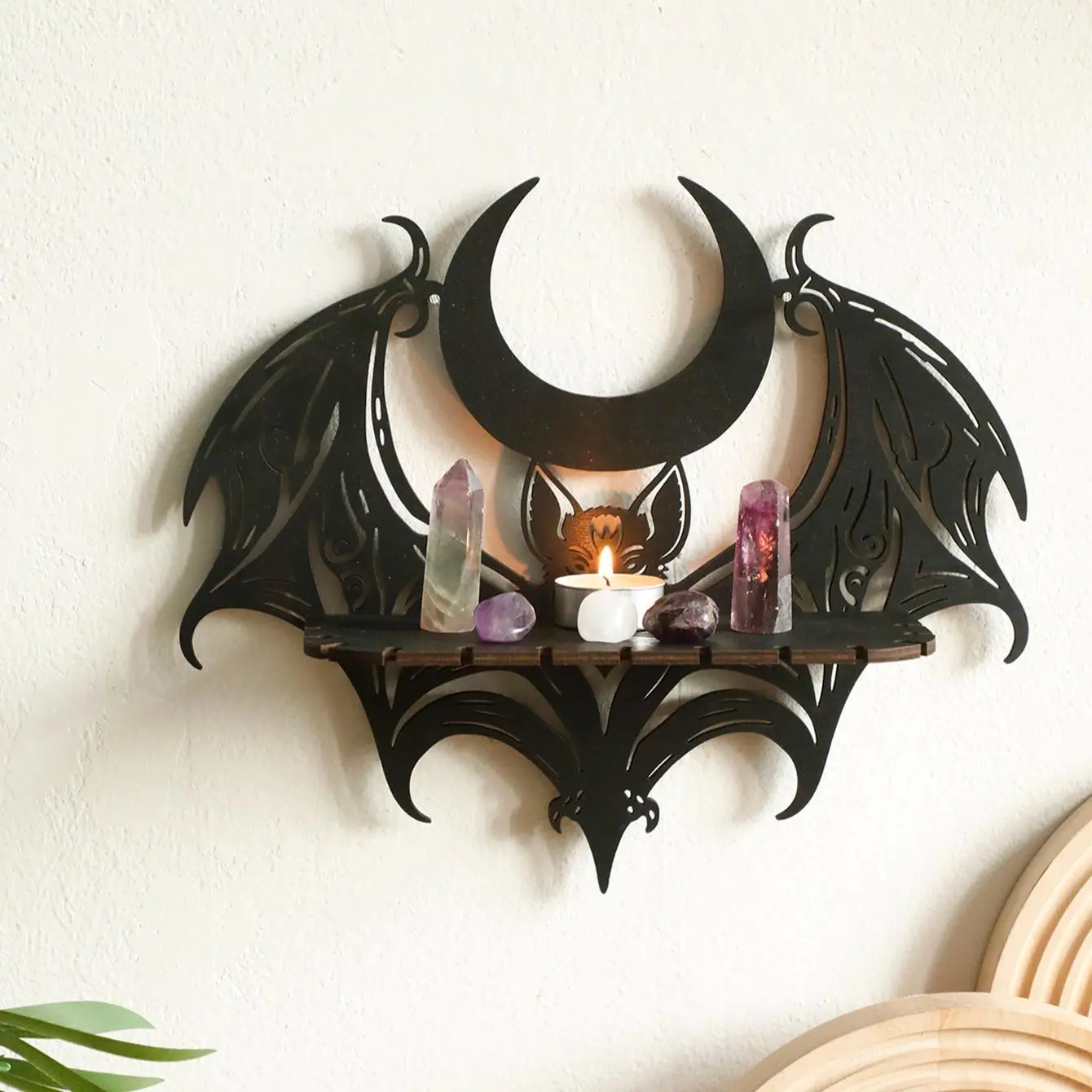 Wall Mounted Bat Design Wall Shelf, Wooden Wall Mounted Display Rack, Gothic Style Home Decor, Halloween Party Decoration, Witchy and Bohemian Display Stand, Wall Mounted Holder, Wall Mounted Organizer, Shelf for Wall