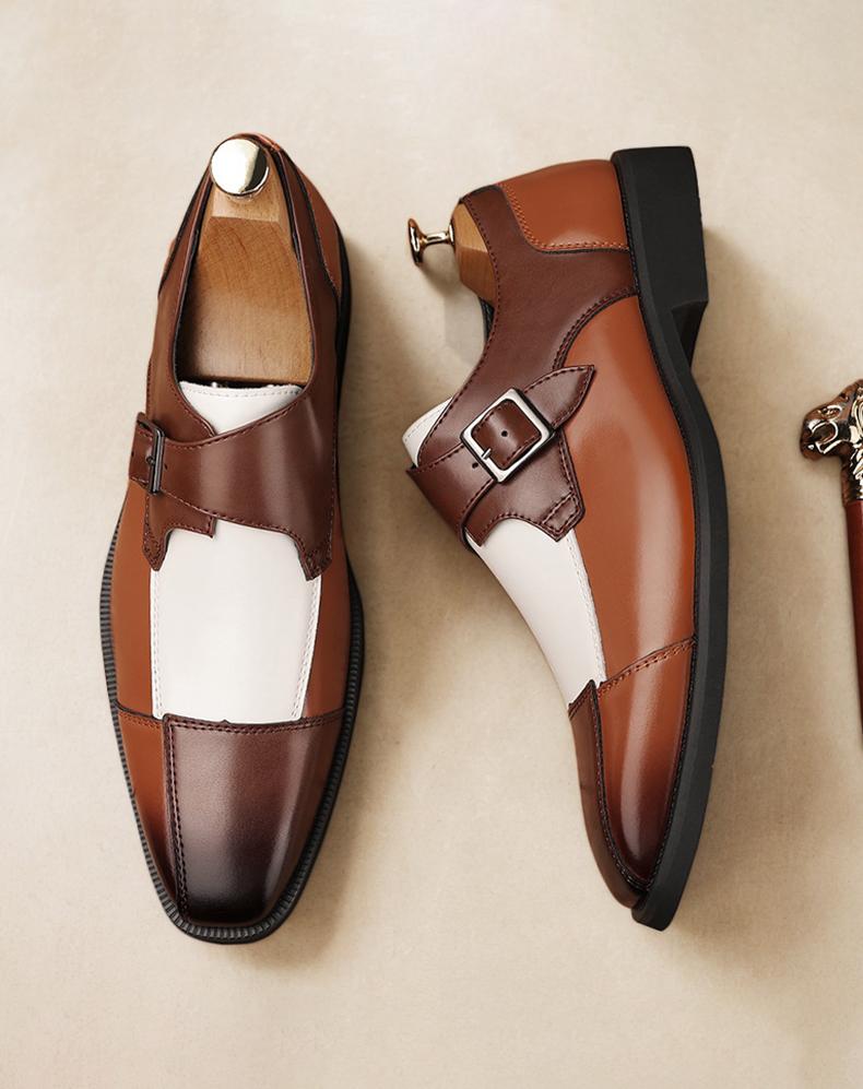 Men's Two-Tone Monk Strap Dress Shoes, Brown & White Formal Leather Shoes81960