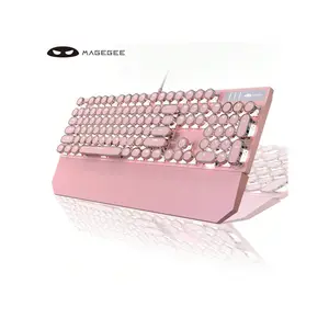 MageGee Typewriter Style Mechanical Gaming Keyboard With Detachable Wrist Rest, Pink Retro -Punk Gaming Keyboard With White Backlit, 104 Keys Blue Switch Wired Round Keycaps Keyboard For Windows//PC/Tablet
