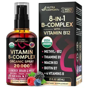 Nutra Harmony USDA Organic Vitamin B-Complex Liquid Spray 8-in-1 B5 Pantothenic Acid B12 Methylcobalamin B1 Thiamine B6 Pyridoxine B7 Biotin B9 Folic B3 Niacinamide Made in USA Supplement 2fl oz
