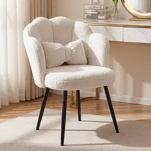 Homkdom Teddy Fleece Accent Chair with Bow-Tie Pillow, Vanity Chair with Petal Backrest, Matte Black Metal Legs & Adjustable Feet, Comfy Desk Chair for Living Room, Make Up Room, Bedroom, Cream White