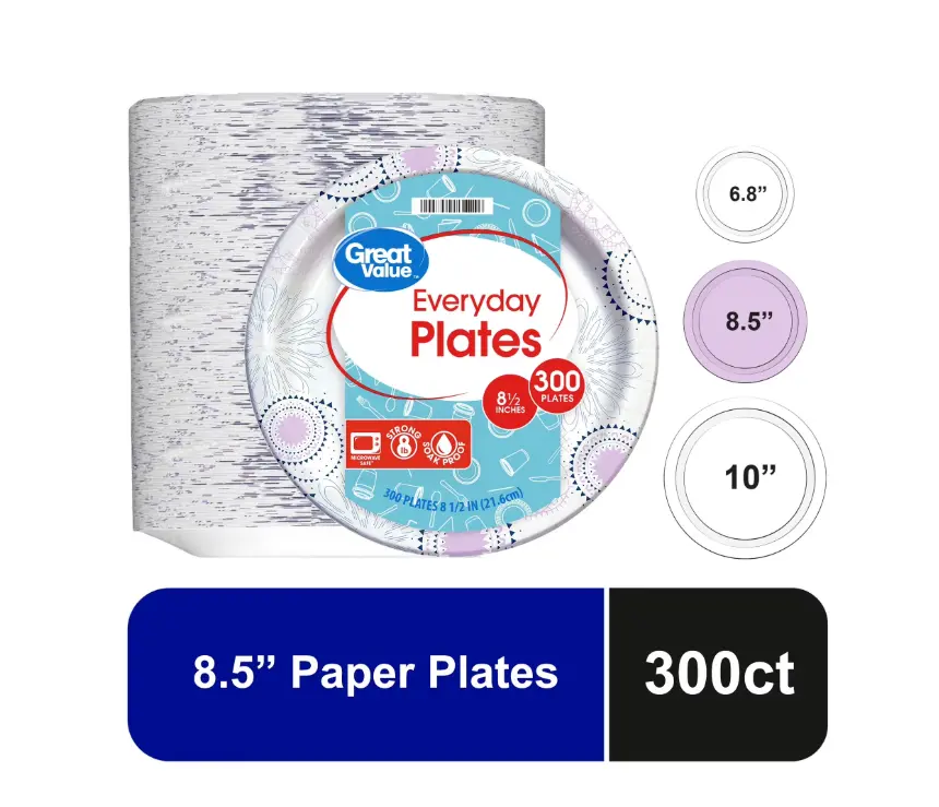 Great Value Disposable Paper Plates, 300 Count, 8.5 in