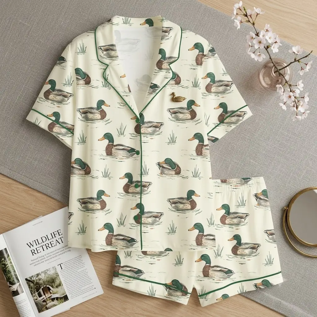 Mallard Duck Pajama Set, Vintage Bird Print Sleepwear, Preppy Nature Lounge Set for Women, Cute Mallard Duck Print Pajamas, Preppy Outdoor Sleepwear, Women Button Up Lounge Set, Preppy Nature Pajama Set for Women, Cottagecore Lounge Gift