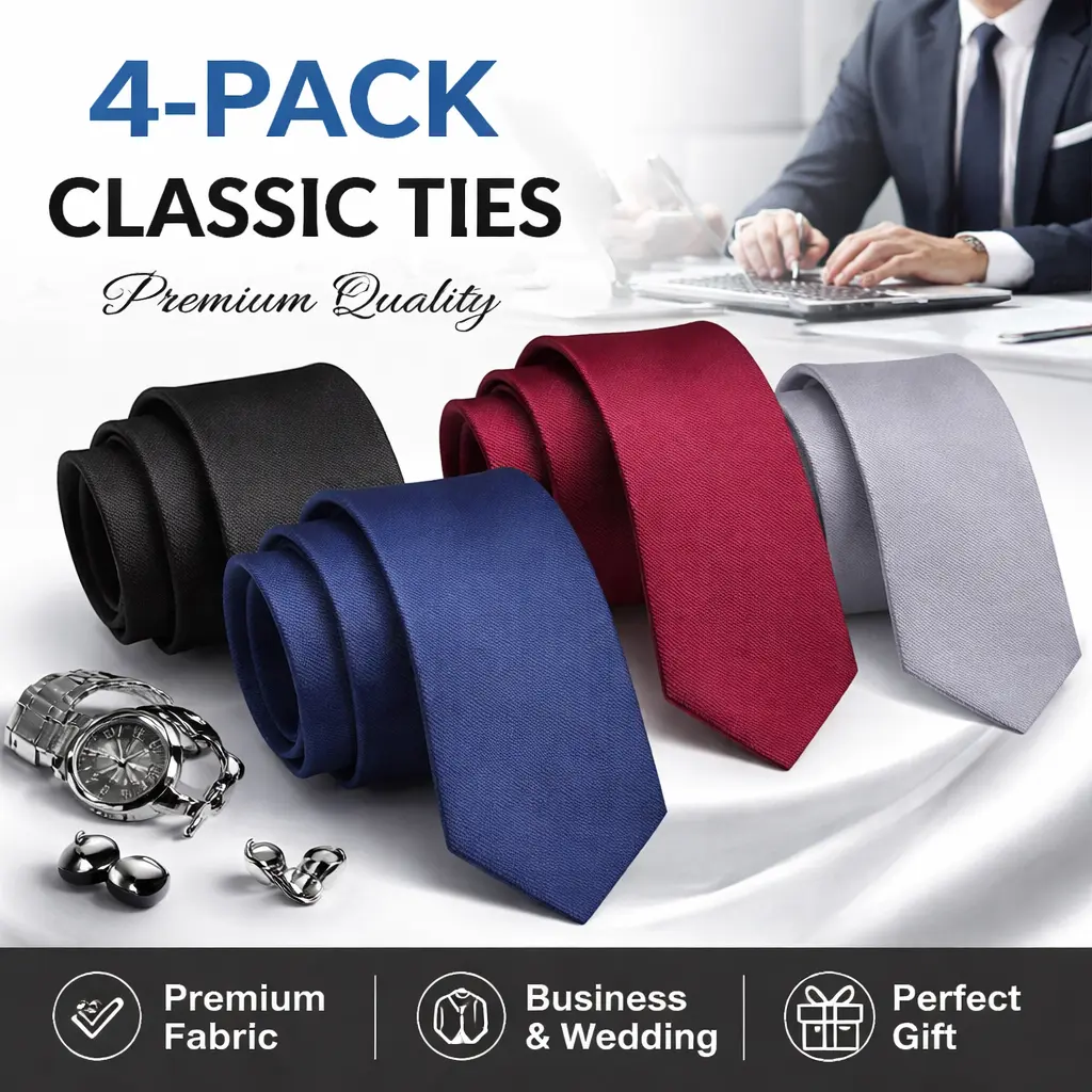 Men's 4-Pcs Silk Slim Fit Necktie Set, 2.35 in Skinny Ties for Corporate Office Wear, Classic Formal Gift for Him, Four Ties