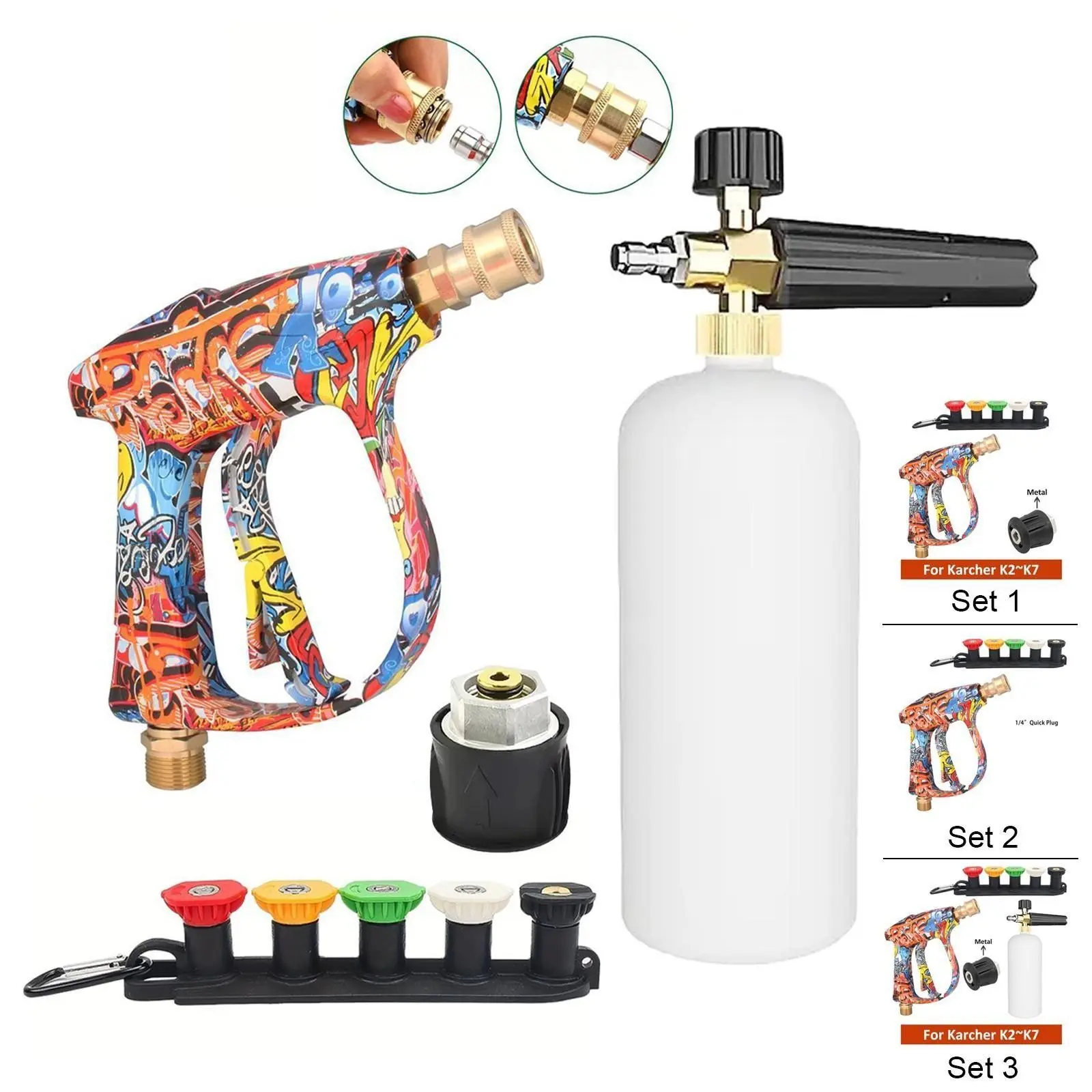 Pressure Washer Water Gun Kit for Car Cleaning Hose Connector For Karcher Quick Connector Adapter and Nozzles Set，Provide three different content options, Foam Sprayer, Car Wash Accessory, Car Wash Tool, Car Washing Accessory