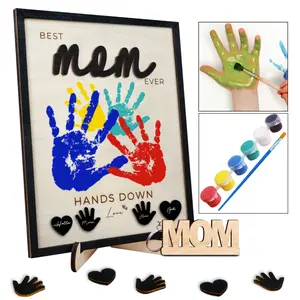 10" Hands Down Best Mom Ever DIY Handprint Kit with Acrylic Paints, Art Craft Family Keepsake Wood Frame Mom Keychain Birthday Mother's Day Gift for Mum, Family Memories Sign with Kids Names
