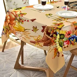 1 piece, polyester tablecloth, Thanksgiving themed table cover, turkey and pumpkin pattern tablecloth, washable tablecloth for Thanksgiving party, rectangular table cover for home, kitchen table decoration, Thanksgiving decoration