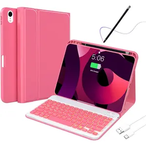 10th Case with  Keyboard Compatible with iPad 10th Generation 10.9-inch 2022, Protective Cover with Pencil Holder,Detachable  Rechargeable Keyboard with Adjustable Backlit,pink