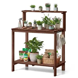 VEVOR Potting Bench Table, Outdoor Gardening Workstation with 36x 20 in Wood Tabletop, Garden Planting Work Station with Storage Shelves, Hook for Outside Patio, Backyard, Brown