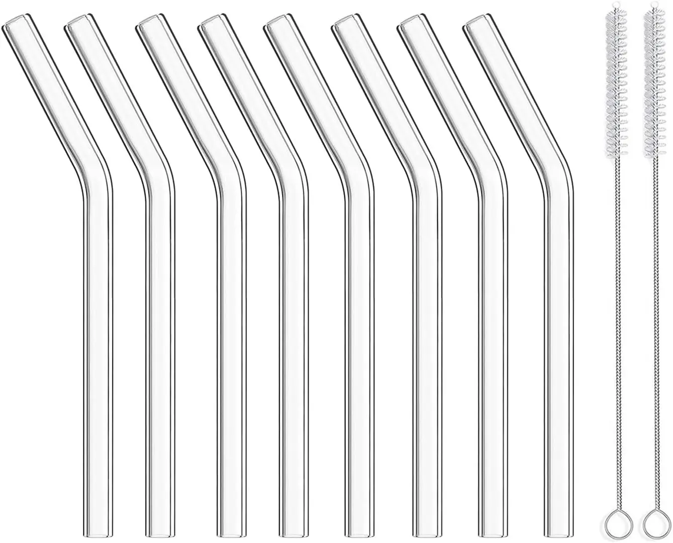 Short Bent Glass Straws, 6 in x 10 mm Reusable Clear Glass Curved Cocktail Straws for Whiskey, Coffee, Soda, Water, Pack of 8 with Brush