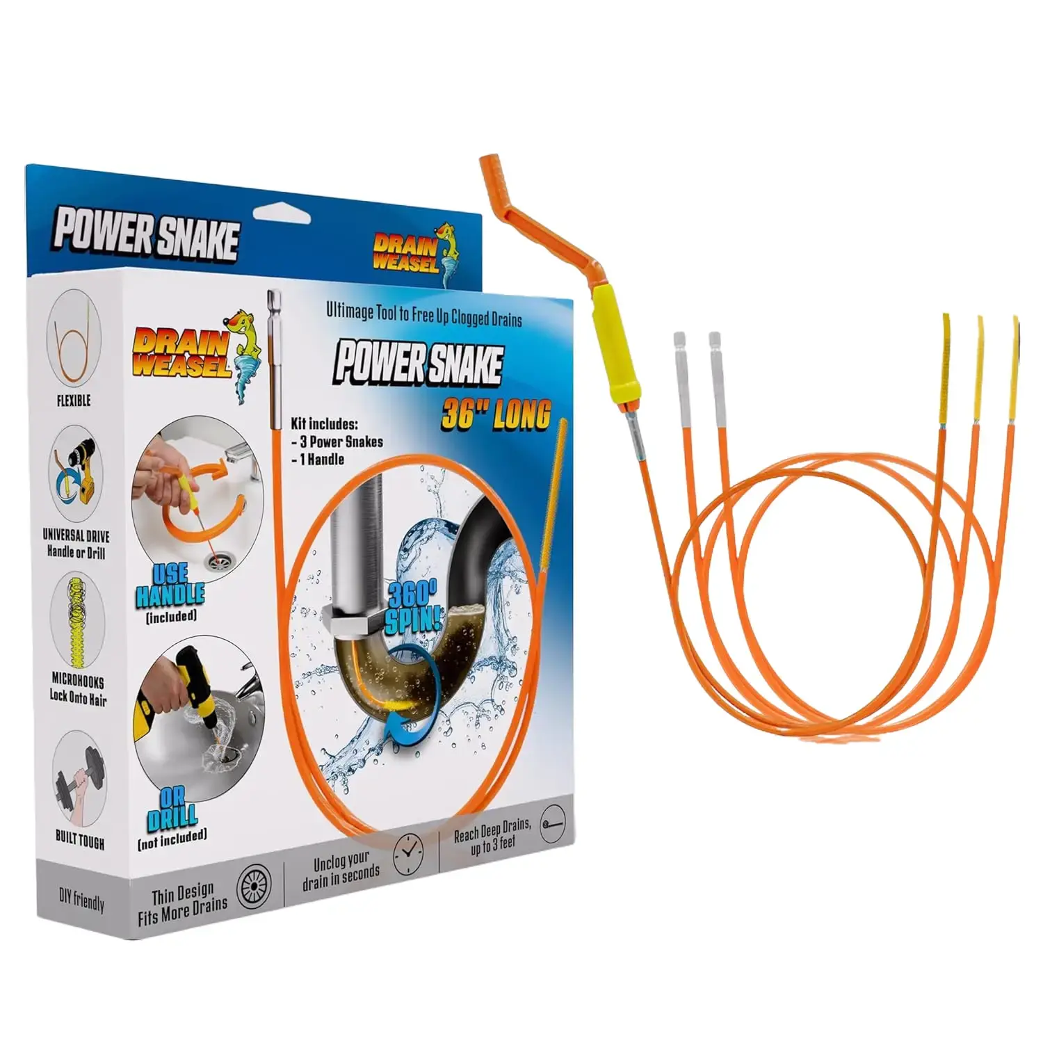 Drain Weasel PowerSnake Drain Hair Clog Remover Tool – 36 Inch Flexible Drain Snake with Drill Connector, Rotating Handle & 3 Disposable Wands for Bathroom Sinks, Showers & Tubs