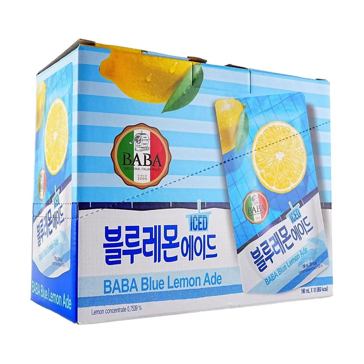 WOONGJIN BABA Ice Blue Lemon Juice Drink 190ml x 10 Packs - Low Calorie, Zero Fat, Refreshing Korean Beverage