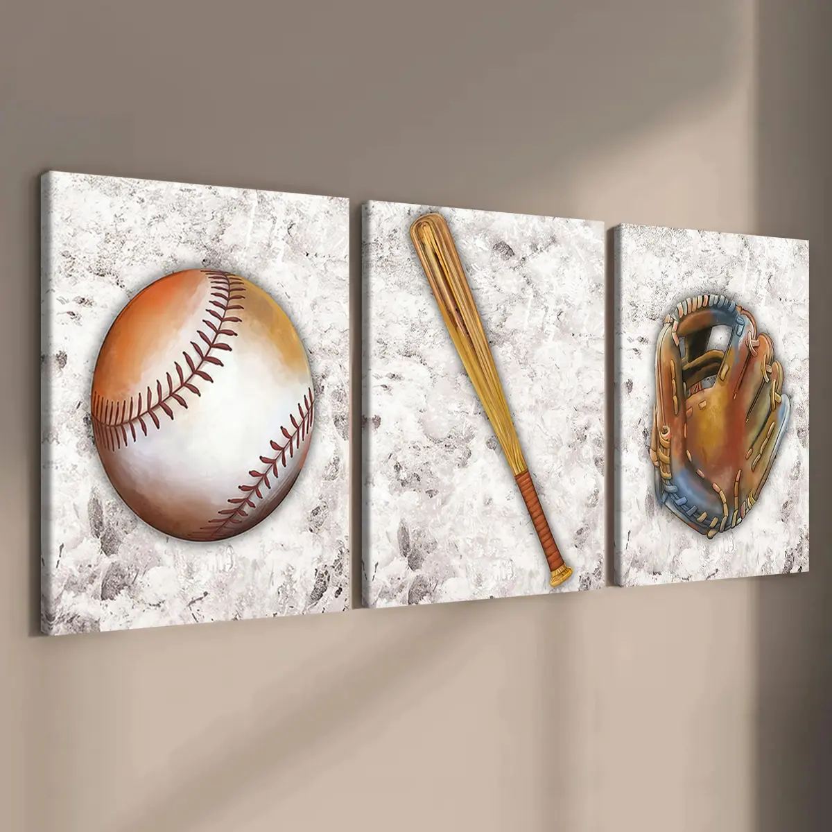 3 count wooden frame canvas, vintage texture baseball equipment poster, Classic Prints, sports fan pattern, Vintage Art Graphic, mural, Modern home decoration (bedroom, living room, hallway), HD, waterproof, artistic art