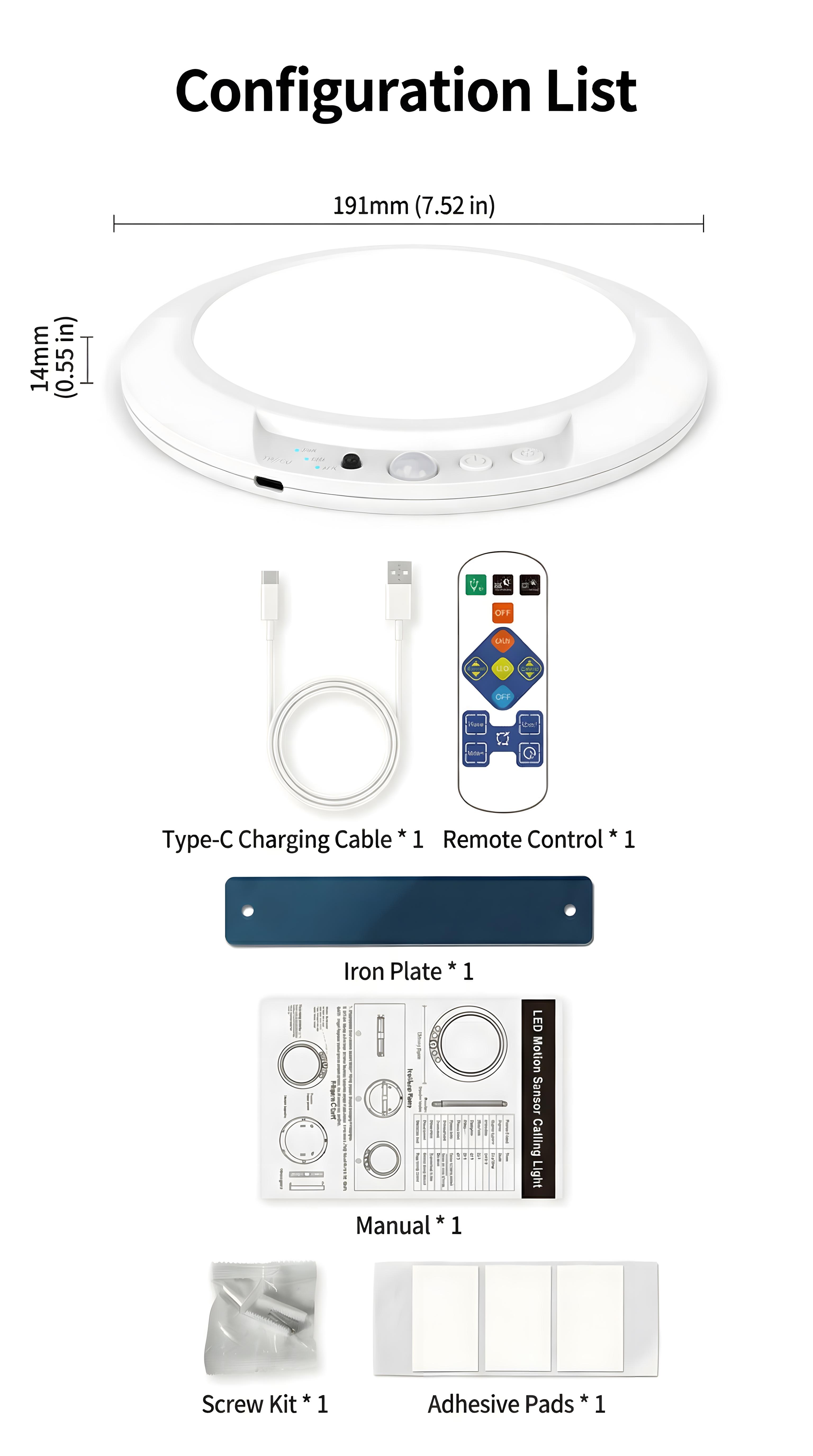 Rechargeable motion sensor ceiling light with remote — battery-operated wireless LED overhead light, dimmable with three color temperatures, no wiring, renter-friendly indoor lighting for closet, shower, pantry, and hallway