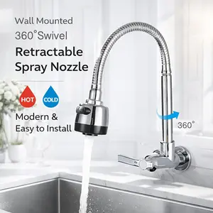 Wall-Mounted Pull-Out Faucet with 360° Swivel Spout & High- Splash-Resistant Spray - Heavy-Duty Metal Modern Sink Faucet for Kitchen, Bathroom, Balcony Sinks - Easy Installation (Compatible with Sinks, Not for Bath Bathtubs)
