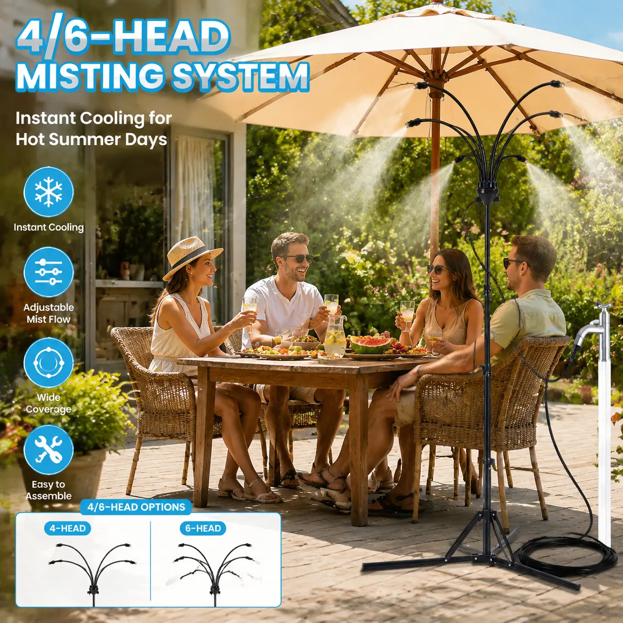 KENSOSO 4/6-Head Options Adjustable Standing Misters - 4-Nozzle-Base-Stand Outdoor Cooling System, Easy Install & Maintain, Custom Coverage, Durable Multi-Nozzle Watering Equipment for Patio Backyard Instant Cooling, 4/6-Nozzle Adjustable Standing Misters