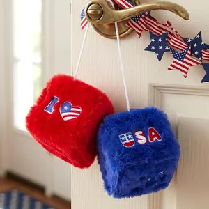 4th of July Fuzzy Dice for Car Mirror, Patriotic Red White Blue Plush Hanging Dice, USA Rear View Mirror Charm, Embroidered Car Interior Decorations