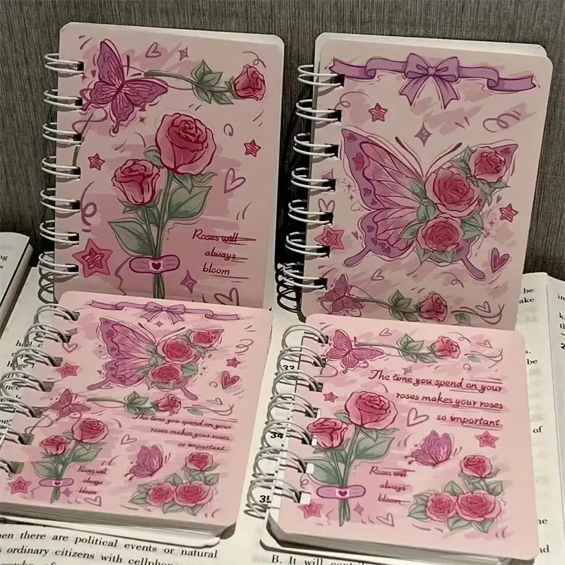 4/8pcs A7 Spiral Notebook, Elegant Rose and Butterfly Floral Design, Durable Cover Gift Book, Ideal for Students and Artists, Notebook Cute