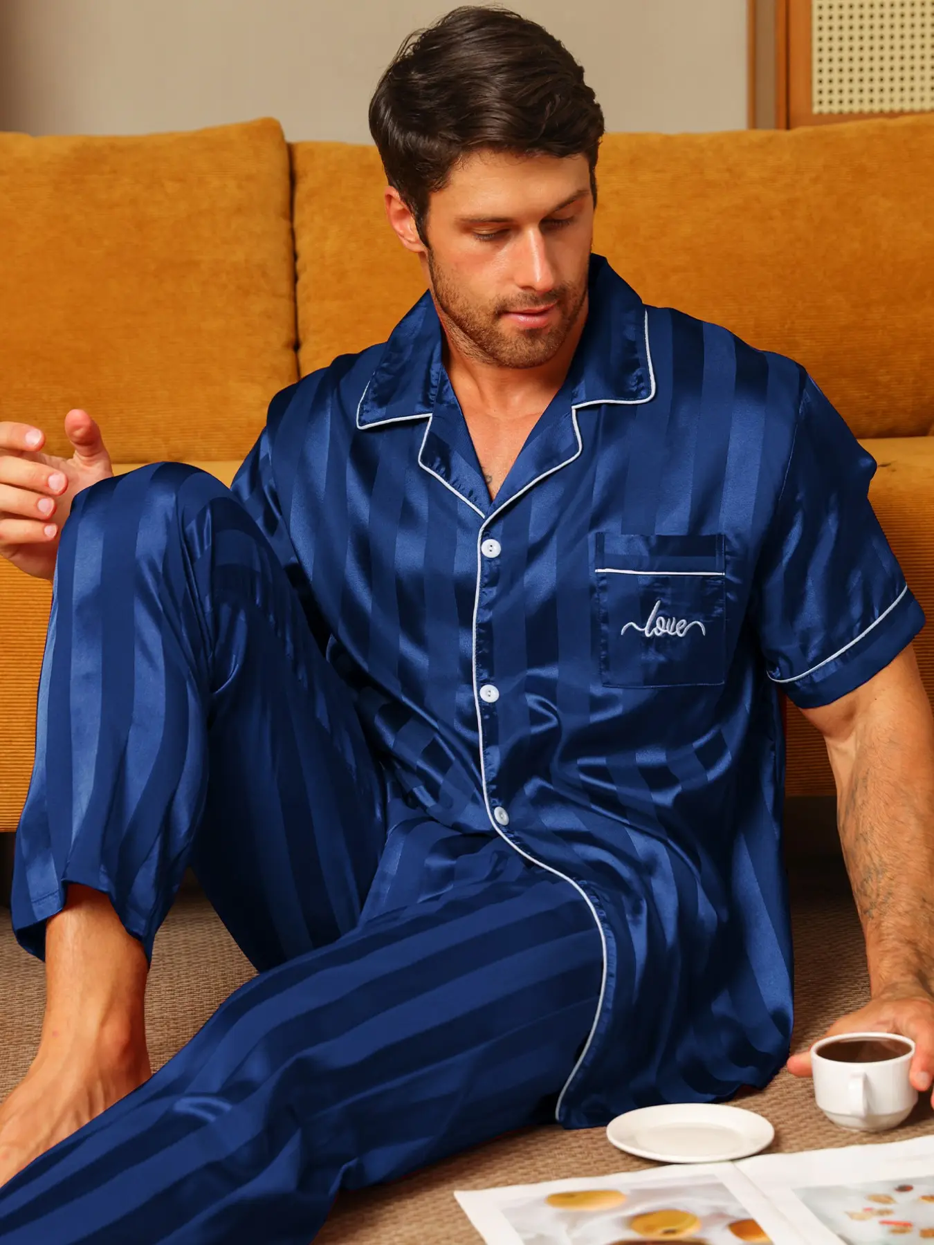 Men's Two-Piece Sleepwear Set, Casual Ice Silk Luxury Home Clothing Loungewear, All-Season Comfortable Pajamas Pyjamas, Top and Pants Ensemble Pjs