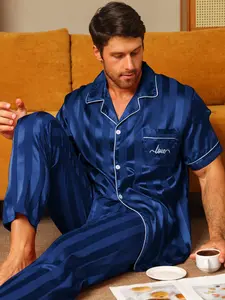 Men's Two-Piece Sleepwear Set, Casual Ice Silk Luxury Home Clothing, All-Season Comfortable Pajamas, Pyjamas, Loungewear, Pjs, Top and Pants Ensemble