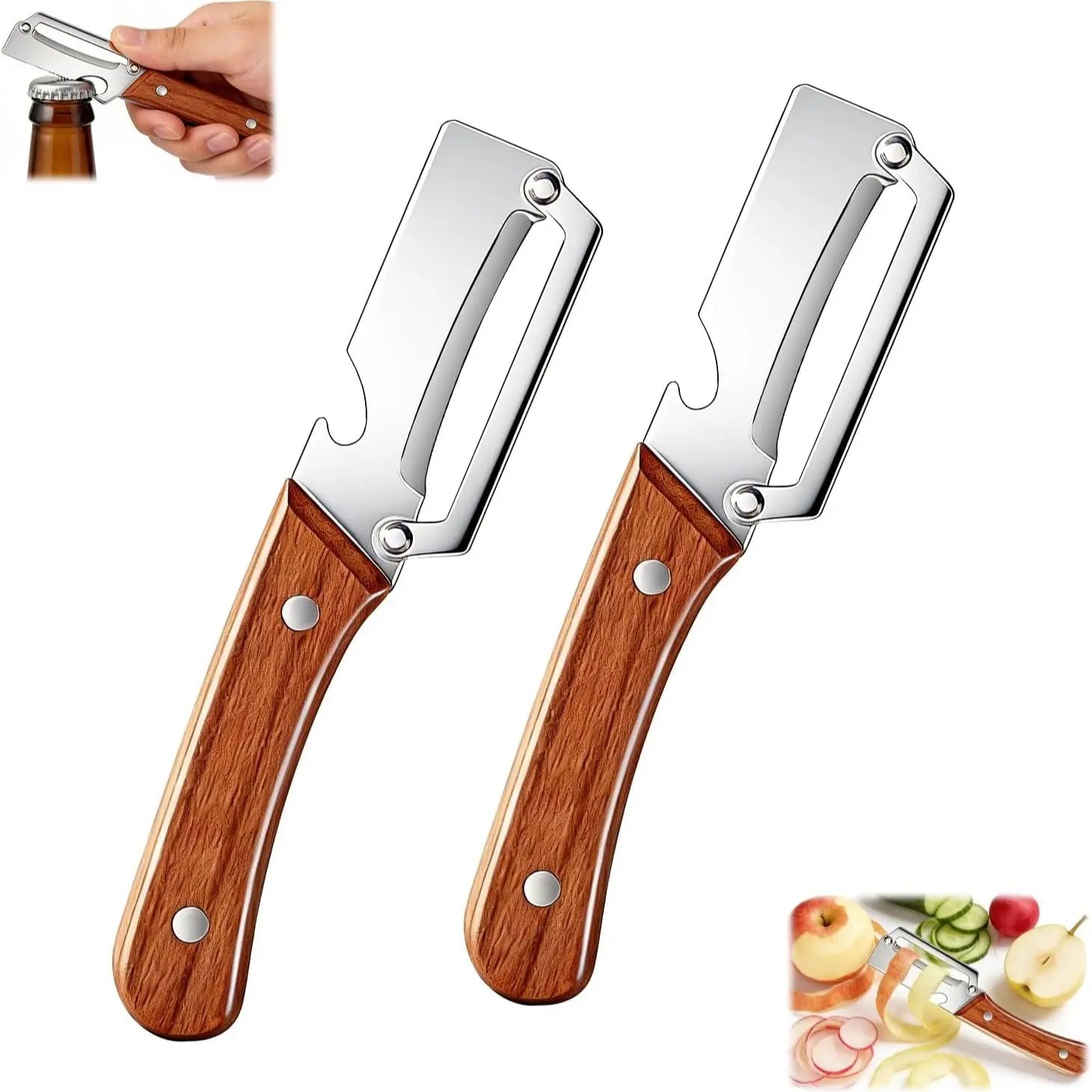 2 PCS 2-in-1 Vegetable & Fruit Peeler with Stainless Steel Blade and Bottle Opener, Multifunctional Wooden Handle Kitchen Tool for Potatoes, Apples, Zucchini, Papaya & Pumpkin, Veggie Peeler, Kitchen Utensils