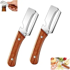 2PCS 2-in-1 Vegetable & Fruit Peeler with Stainless Steel Blade and Bottle Opener, Multi Functional Vegetable Peeler, Wooden Handle Kitchen Tool for Potatoes, Apples, Zucchini, Papaya & Pumpkin