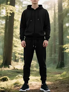 Men's Fall Winter Hooded Drawstring Sweatshirt Set, Loose Fit Fleece Lined Pullover & Pants, Trendy Zipper Design, Comfortable