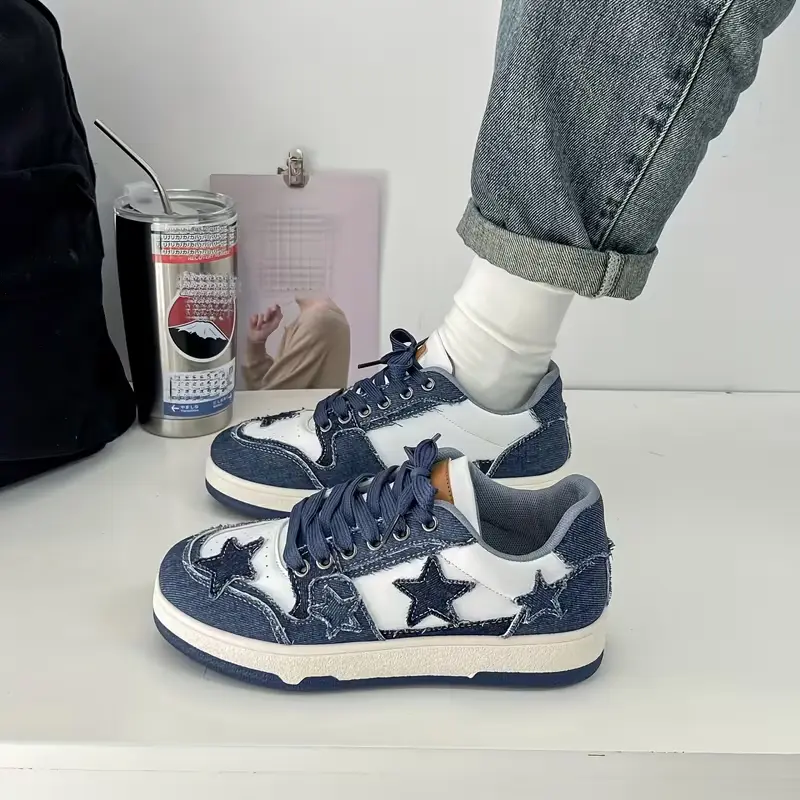 Women's Retro Star Print Fabric Sneakers, 90s Color-Block Athletic Statement Shoes for School, Lightweight Cushioned Casual Wear, Sneakers For Women, Round Toe