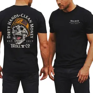 Troll Co Dirty Hands Clean Money Skull Graphic T Shirt 2 Sides, Construction Hard Hat Skeleton Design Workwear Tee, Blue Collar Pride Streetwear Shirt, Soft Cotton Durable Daily Wear, Gift for Workers