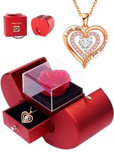 rhinestone heart pendant necklaces for women for gift, summer dainty fashion wearable jewelry for women, i love u engraved necklace, with flower & gift box, charms gifts for her