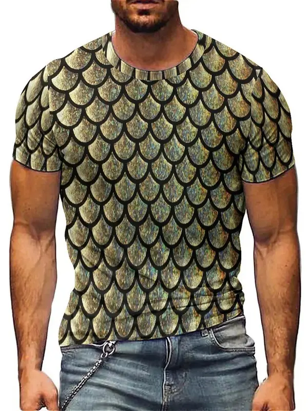 Men's Fitted Cut Casual Crew Neck Short-Sleeve T-Shirt - Iridescent Golden Dragon Scale Print, Shiny Mermaid Scale Texture, Stylish Streetwear Holiday Top, All Seasons Tee, Golden Shine, Hand Wash Only, Stand Out in Any Crowd, 48-Hour Nationwide Shipping