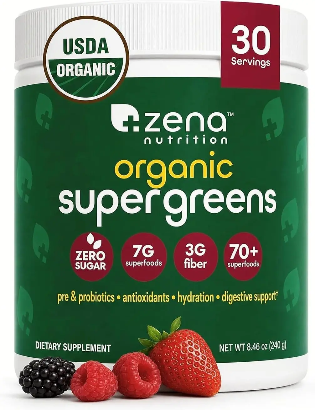 Organic Super Greens Powder, 70+ Superfoods, 0 Sugar, 3G Fiber, Spirulina, Chlorella, Antioxidants, Prebiotics/Probiotics, Digestive Enzymes, Mixed Berry, 30 Servings