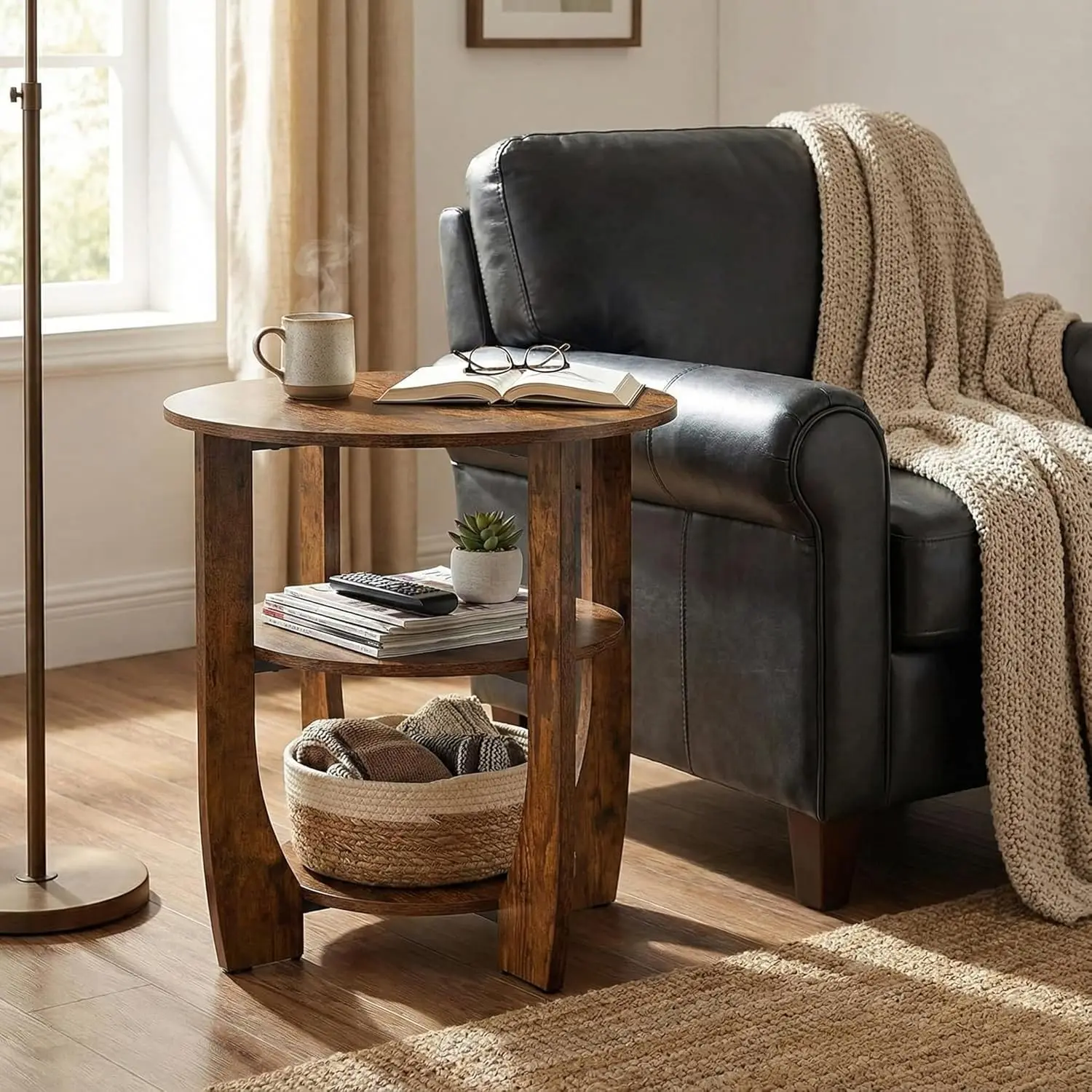 Round Side Table, 3-Tier End Table with Storage, 19.7 inch Rustic Brown Accent Table,Nightstand for Bedroom Living Room, Vintage Design for Couch, Sofa, Recliner, Small Space