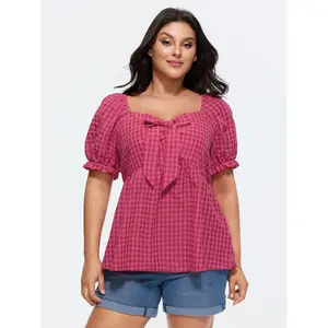 BLOOMCHIC Plus Size Gingham Print Bow Tie Front Blouse [M-6X]2026 Summer Vibes