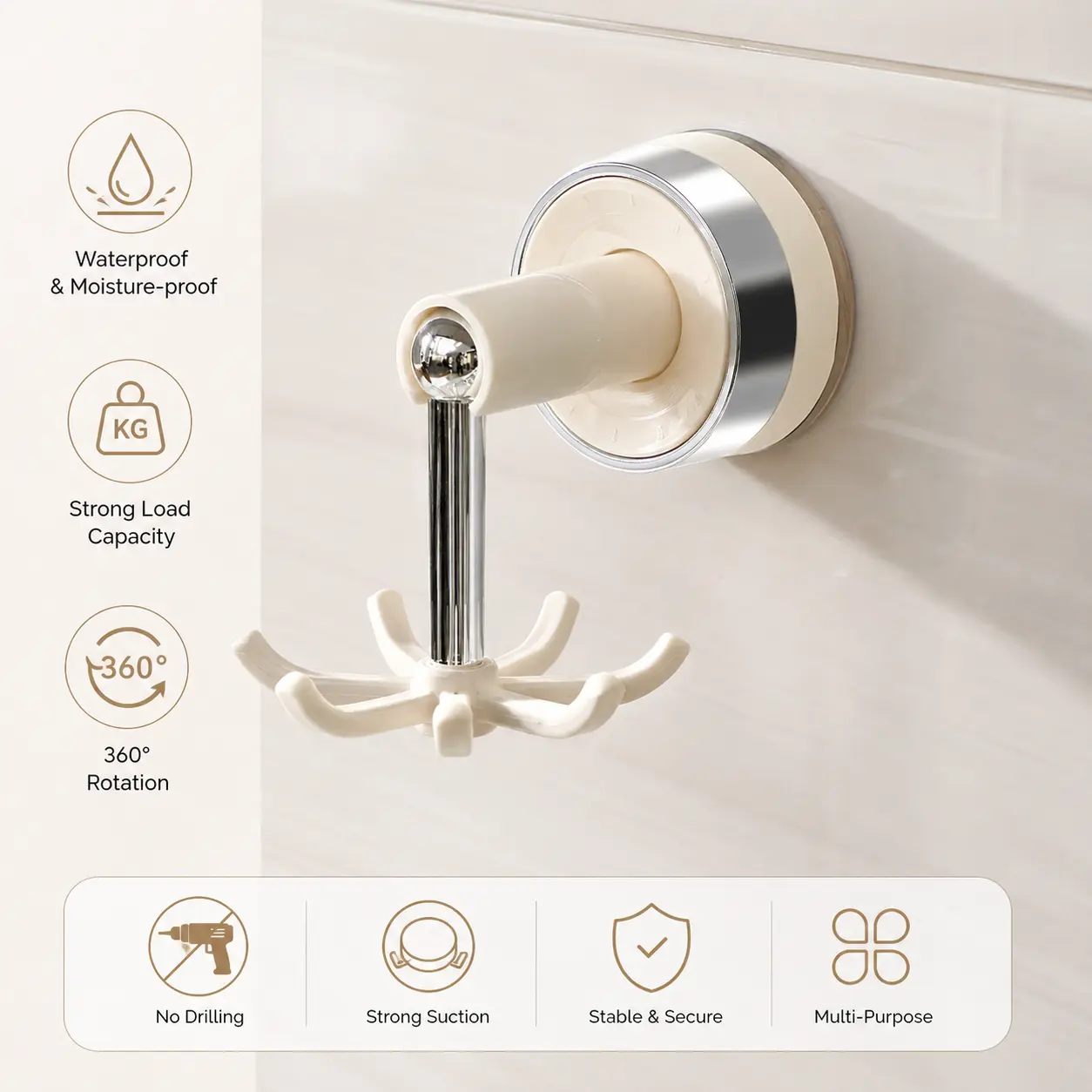 1-Count Suction Cup 360-Degree Rotating 6-Claw Hook - No-Drill Removable Waterproof Hanger for Hanging in Kitchen, Bathroom Storage, Rotates