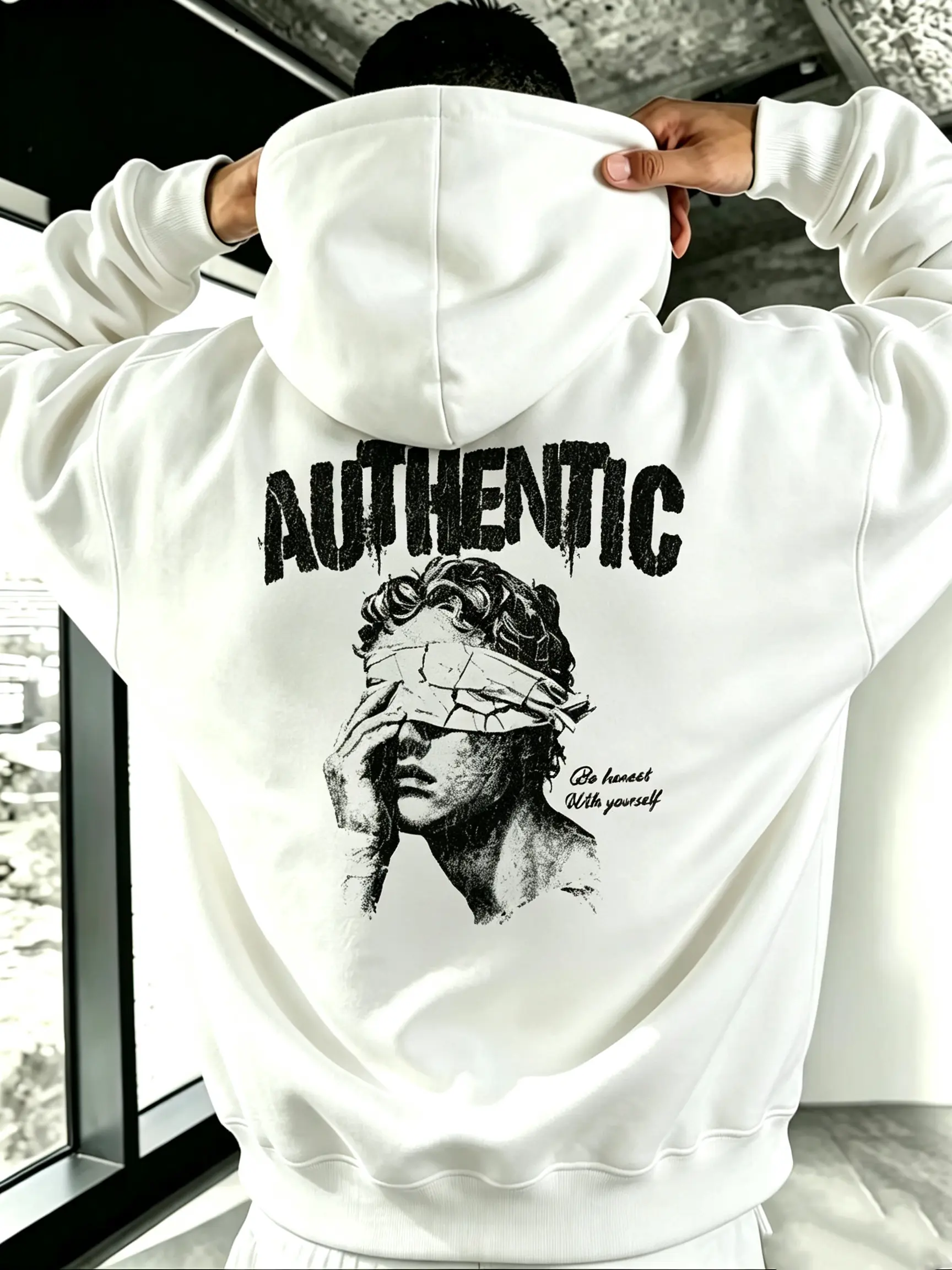 Men's Oversize Retro Hoodie - Menswear Tops with Back Statue Graphic Print, Vintage Distressed Letters, Long Sleeves, Trendy Streetwear Loose-Fit Hip-Hop Pullover for Back to School & Everyday Casual Wear