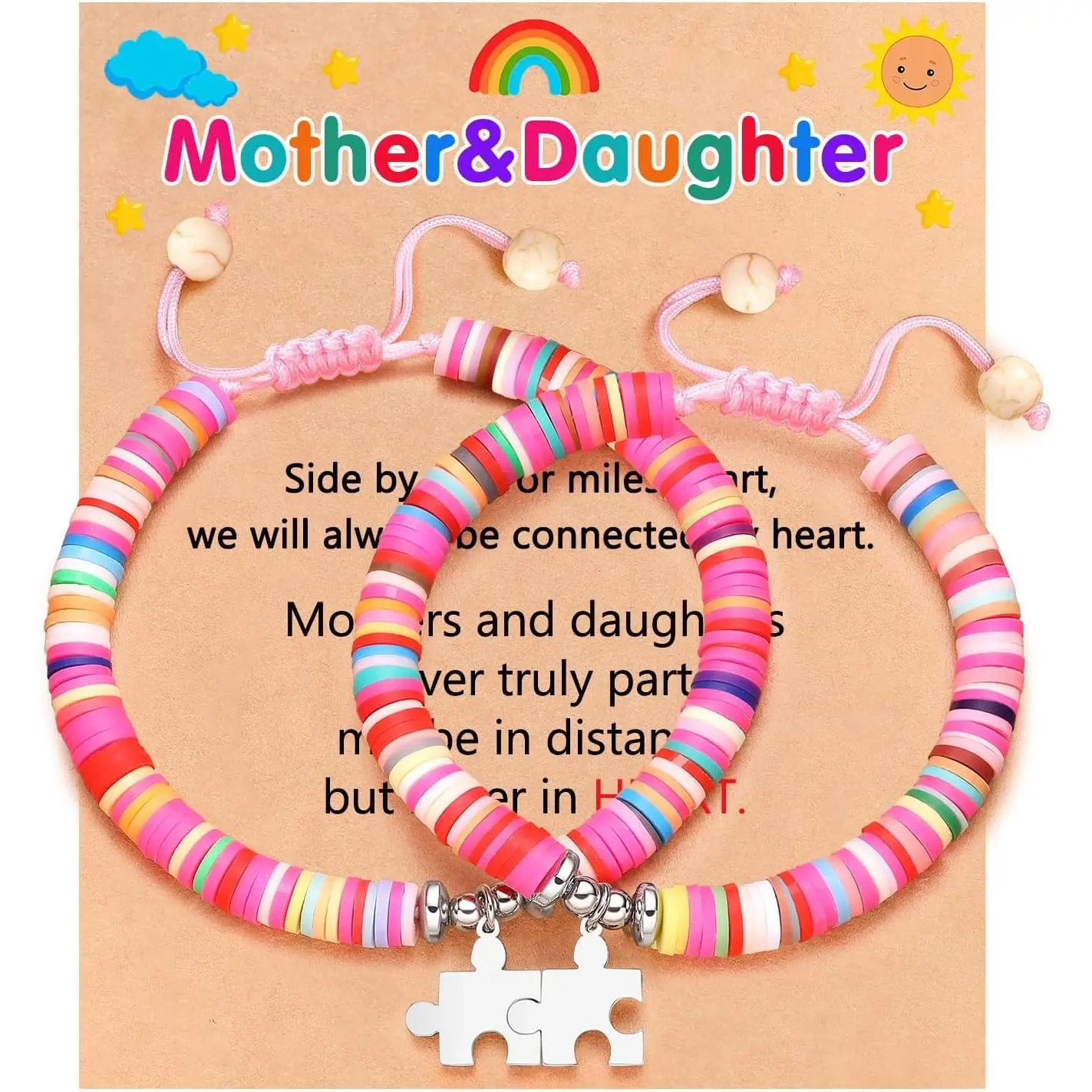 Female Rainbow Clay Bead Bracelet Jewelry Set, Handmade Exquisite Puzzle Piece Matching Bracelets for Mother-Daughter, Adjustable Stainless Steel & Nylon Jewelry, Birthday Gift Idea