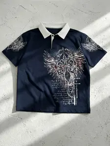 "DIVINE GUARDIAN" Winged Cross Gothic Print Contrast Collar Polo | Edgy Gothic Streetwear Aesthetic | Unisex OOTD Essential | TikTok Viral Y2K Casual Daily Wear Statement Top for Men Women 2026 Spring New Drop