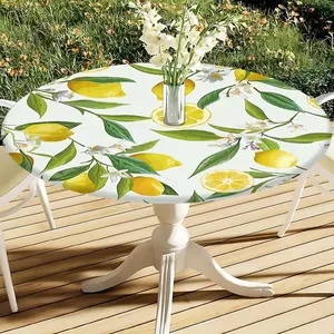1PC,Round Stretch Tablecloth with Lemon Print, Elastic Polyester Washable Half Cover, High Quality Anti-Wrinkle Foldable Tablecloth for Events
