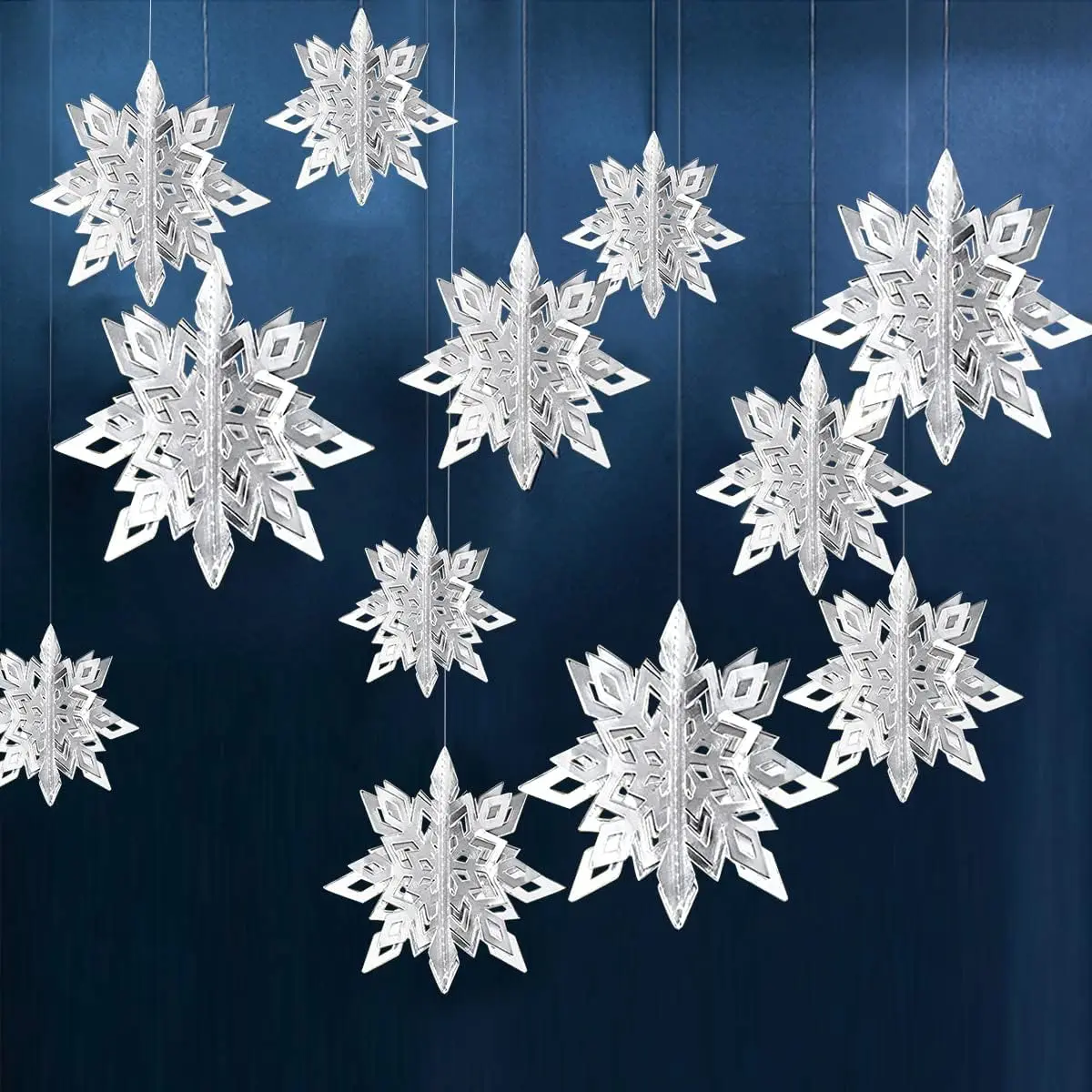 12-Count 3D Large Paper Snowflake Hanging Decorations - Christmas Ornaments, Decorative Props for Winter Wonderland Holiday Party Home Decor