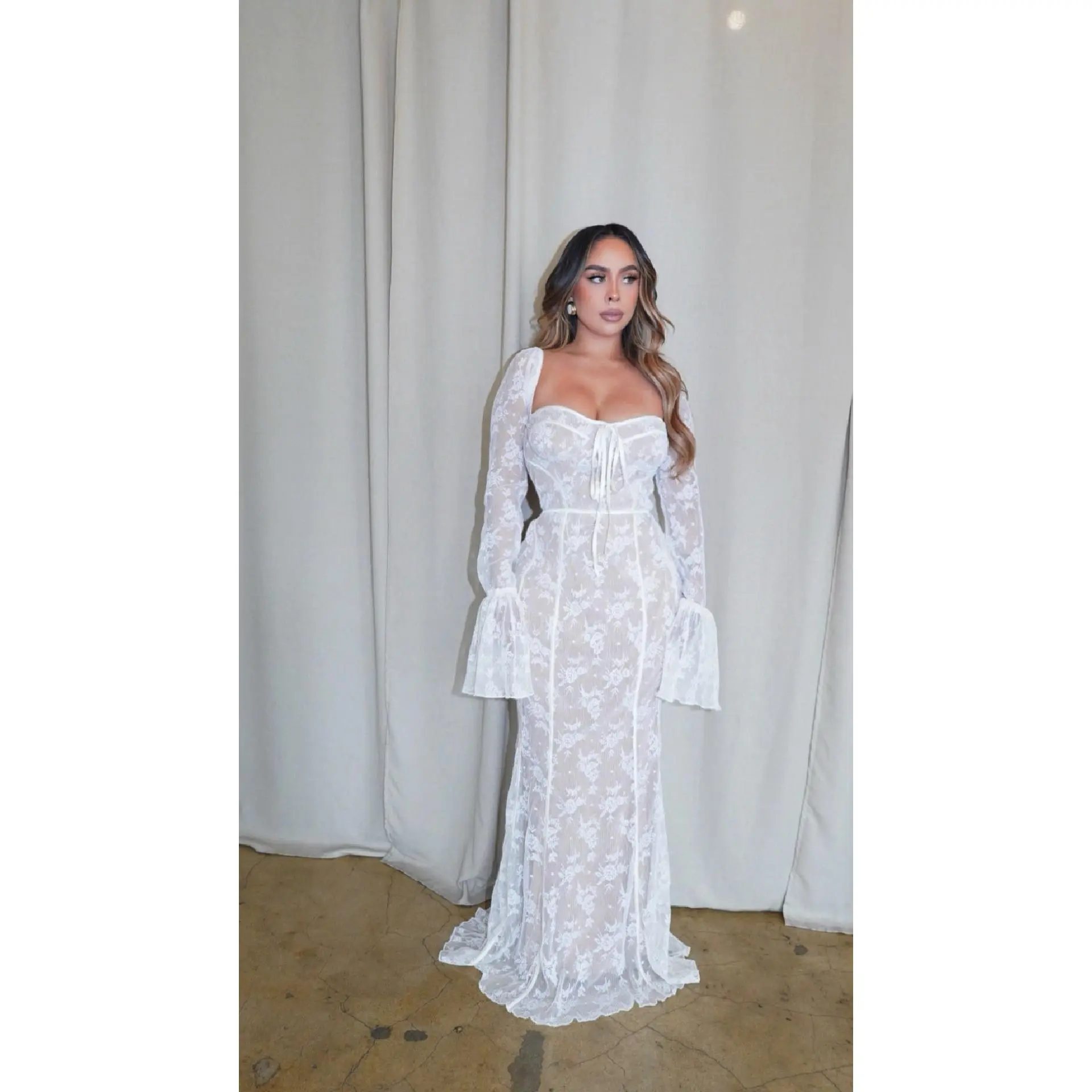 "Dhelia" Vintage Print Lace Maxi Dress Spandex Cream White Casual Floral Long Sleeve Elegance Wedding, Birthday, Baby Shower Womenswear Dress Padded Elegant Chic