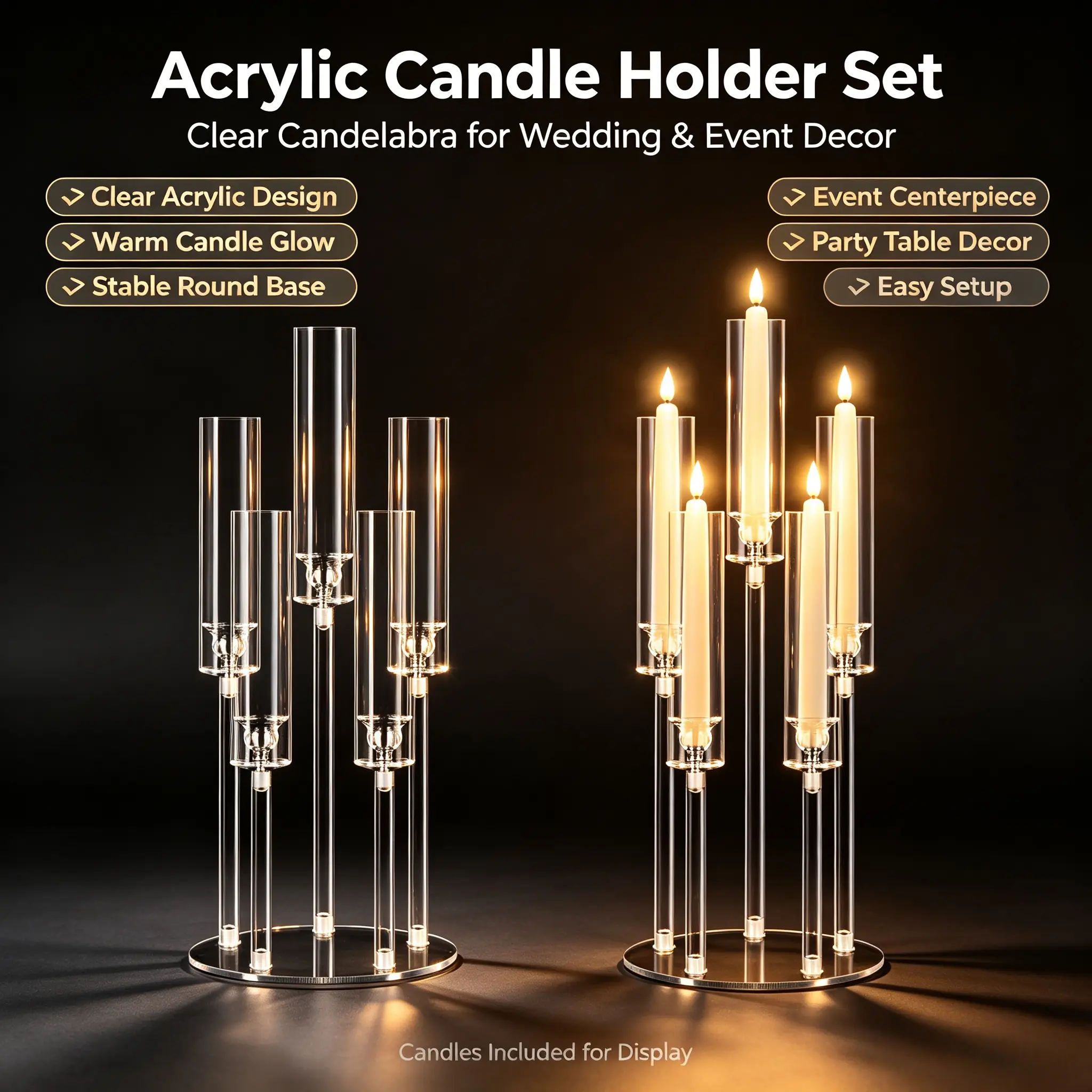 Acrylic 5-Arm Taper Candle Holder - 1/2 Pcs, 25.98in/66cm Tall Modernism Decorative Candelabra, 0.87in/2.2cm LED Candle Fit, Dining Tables/Fireplace Centerpiece, Ideal Housewarming Gift for Home Decoration