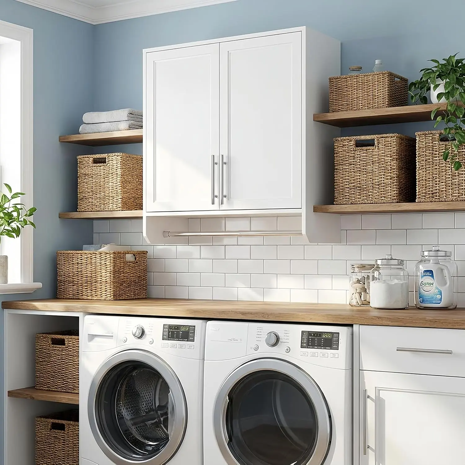 White 29.5-in Modern Wall-Mounted Storage Cabinet - Shaker Door, Towel Bar, Adjustable Shelf - Bathroom Storage, Laundry Room Use, Wall Mounted Bathroom Furniture, Modern Storage Cabinet