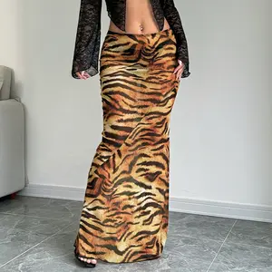 Leopard Animal Skin Print Mesh Sheer Slim Maxi Mermaid Skirt for 2025 Summer & Fall Vacation New Holiday Bodycon Casual Elegant Long Skirt Outfit Bottoms summerwins