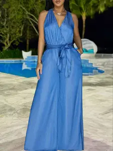 Women's Solid Color Tie Front   Jumpsuit, Tie Waist Jumpsuit, Casual Sleeveless Jumpsuit for Summer, Fashion Women's Clothing for Daily Wear