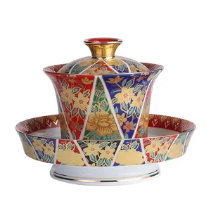 Artisan Gaiwan Teacup Set - Hand-Painted Vibrant Floral Gilded Ceramic Square Porcelain Tea Cup with Saucer and Cover