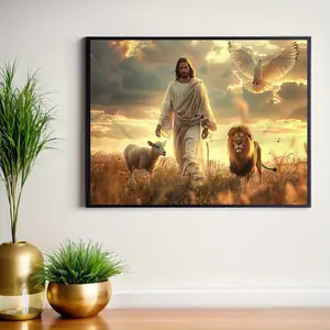 1pc Inspirational canvas artwork - a painting featuring a vibrant lion and lamb with Jesus as the background, a non-religious wall decoration suitable for bedrooms, living rooms, offices, or cafes.