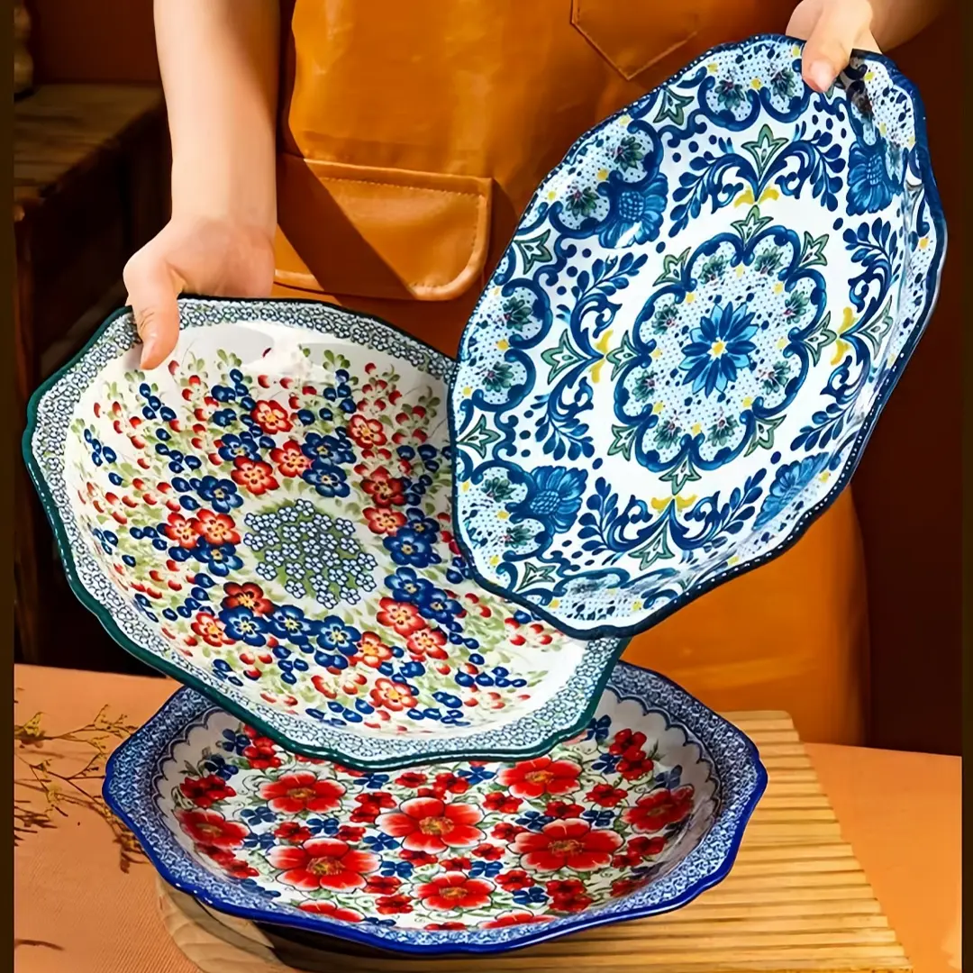 Bohemian Ceramic Dinnerware Set, Bohemian Style Tableware, Ceramic Dish Set, Dishes Set, Dinner Sets, Salad Pasta Steak Chicken Plates, Floral Pattern, Aesthetic, Perfect Gift, Home Dining Decor, 2 Piece Set, Tableware Set