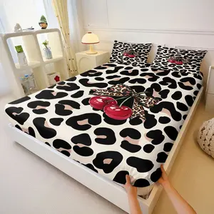 3PcsLeopard Print Cherry Fitted Sheet Set, Bold Animalistic Bedding Set with Glossy Red Cherries & Green Stems, Black Tan Spots on Off-White, Vibrant Digital Printed Bedspreads for Stylish Bedroom Decor, Includes 2 Pillowcases, No Pillow Core
