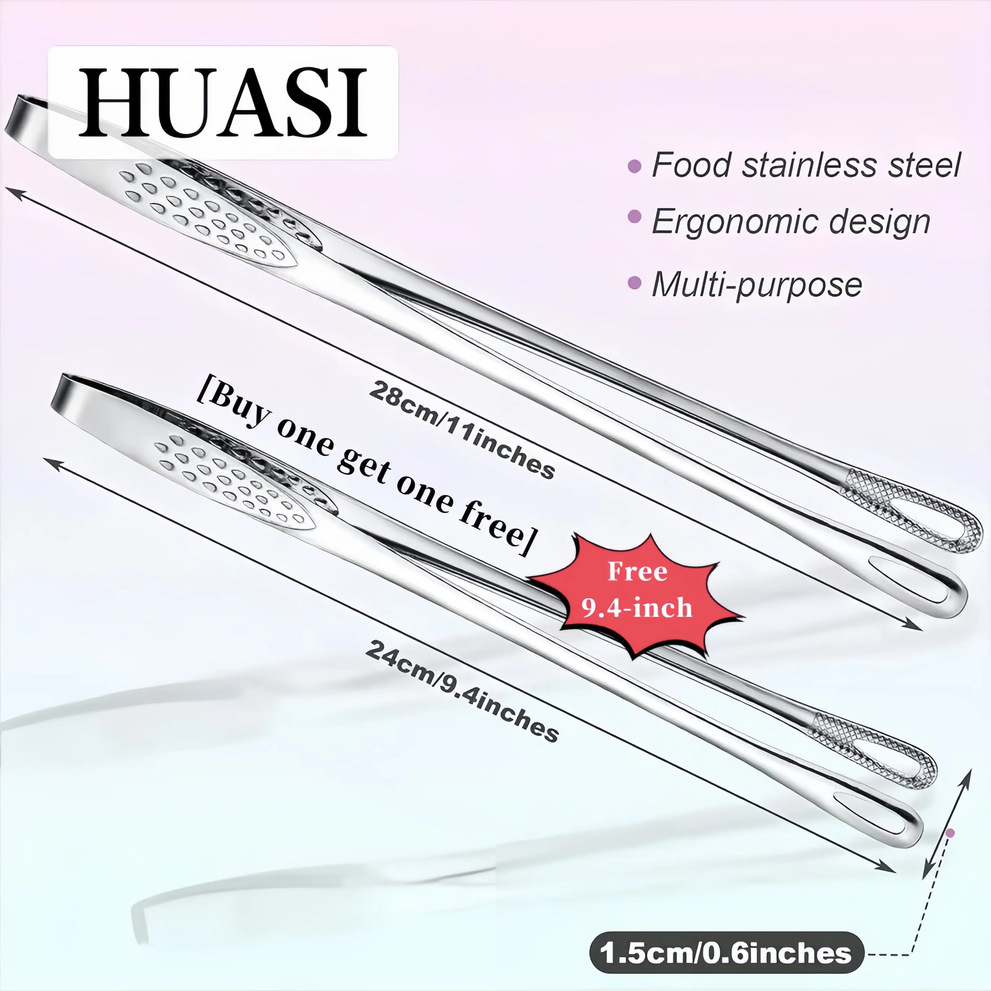 【Buy One Get One Free】Buy 11 inches and get a free 9.4 inches HUASI stainless steel grill tongs, heavy duty rust-proof, ergonomic handle food tongs, chef cooking tongs, suitable for serving food, steak, salad, handy kitchen tools, camping essentials